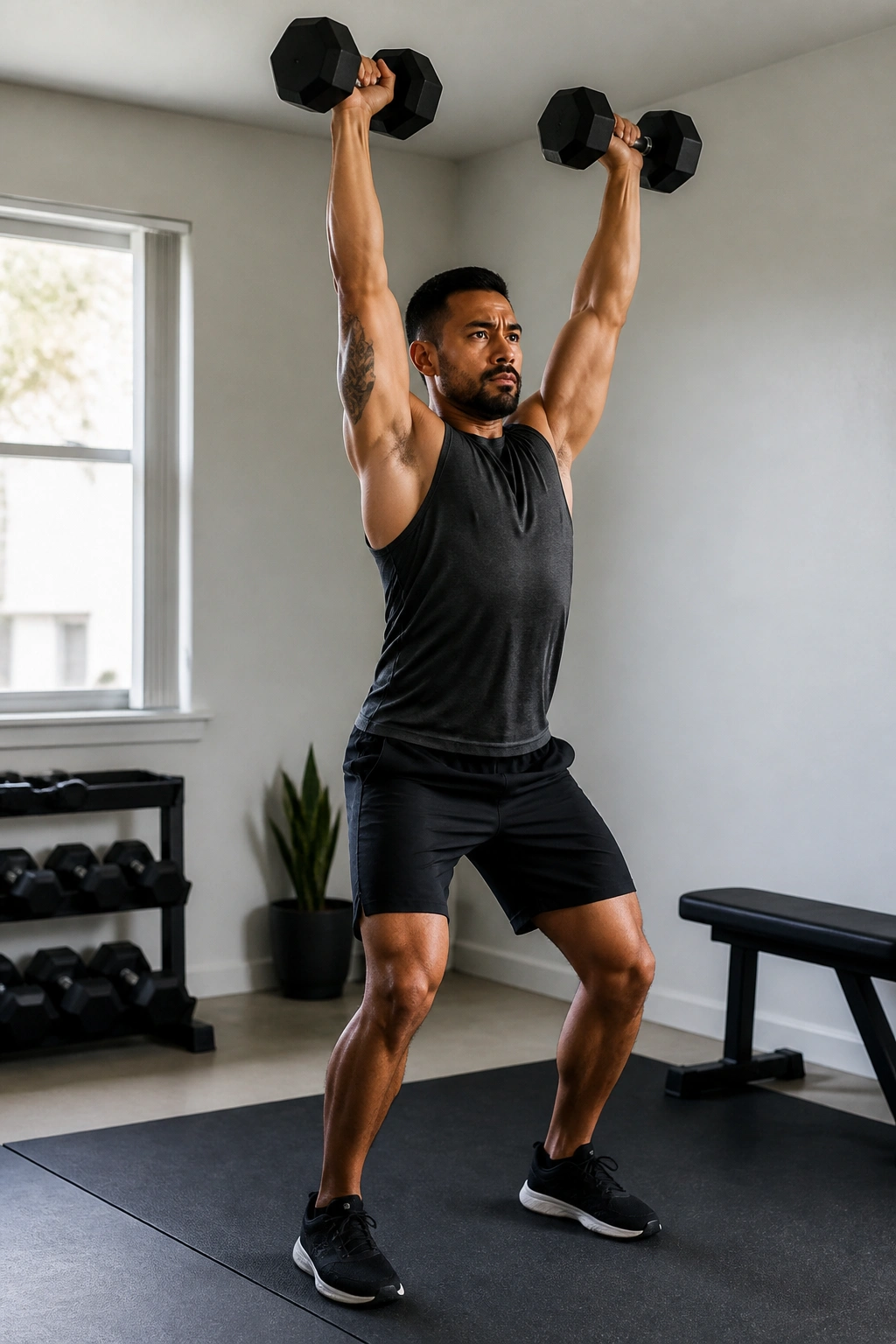 Push presses in a compact home gym with overhead dumbbell press and leg drive