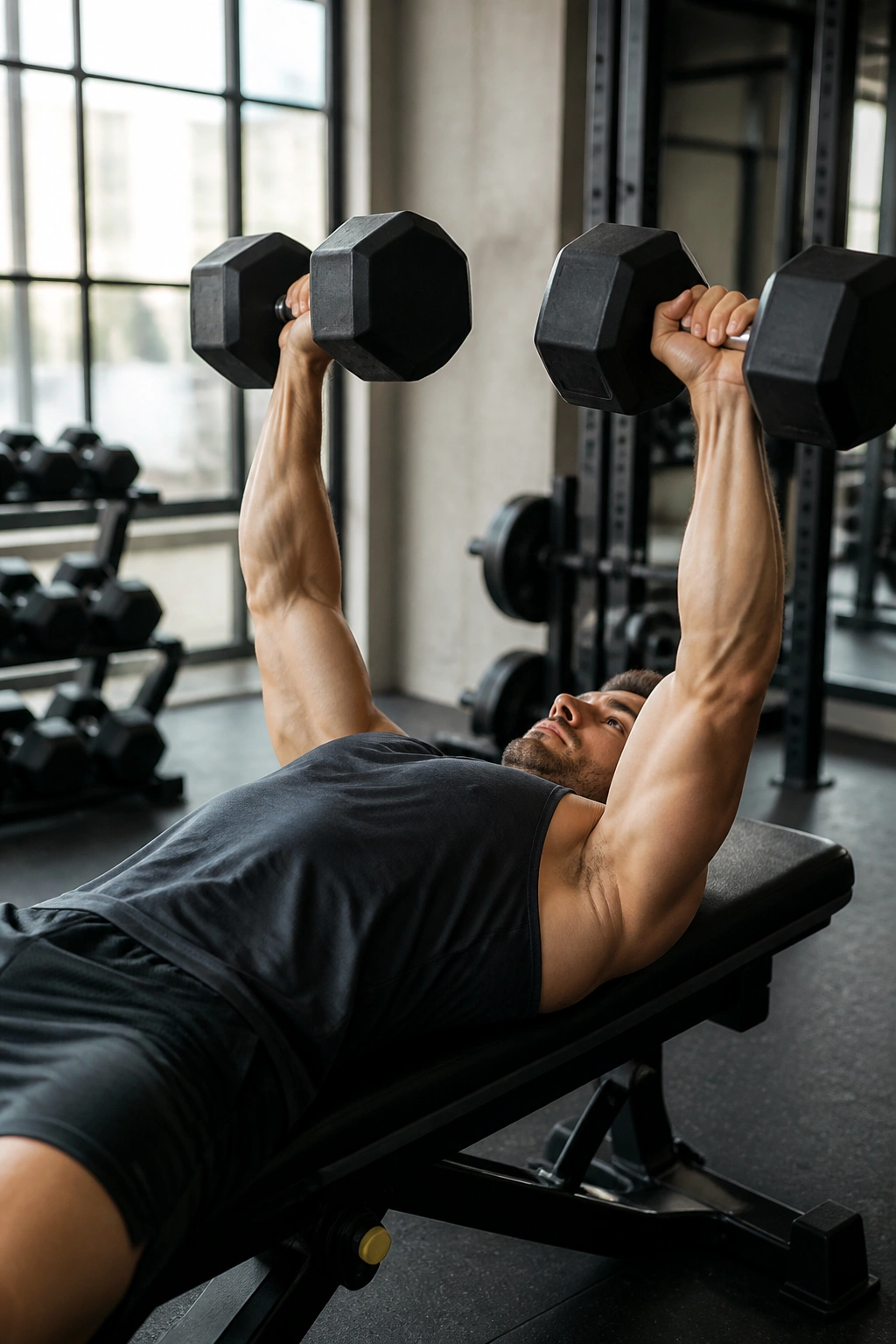 Athlete performing dumbbell bench press in gym