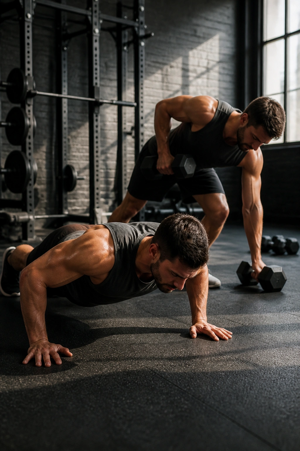 Athlete performing a push-up and dumbbell row in density ladder setup