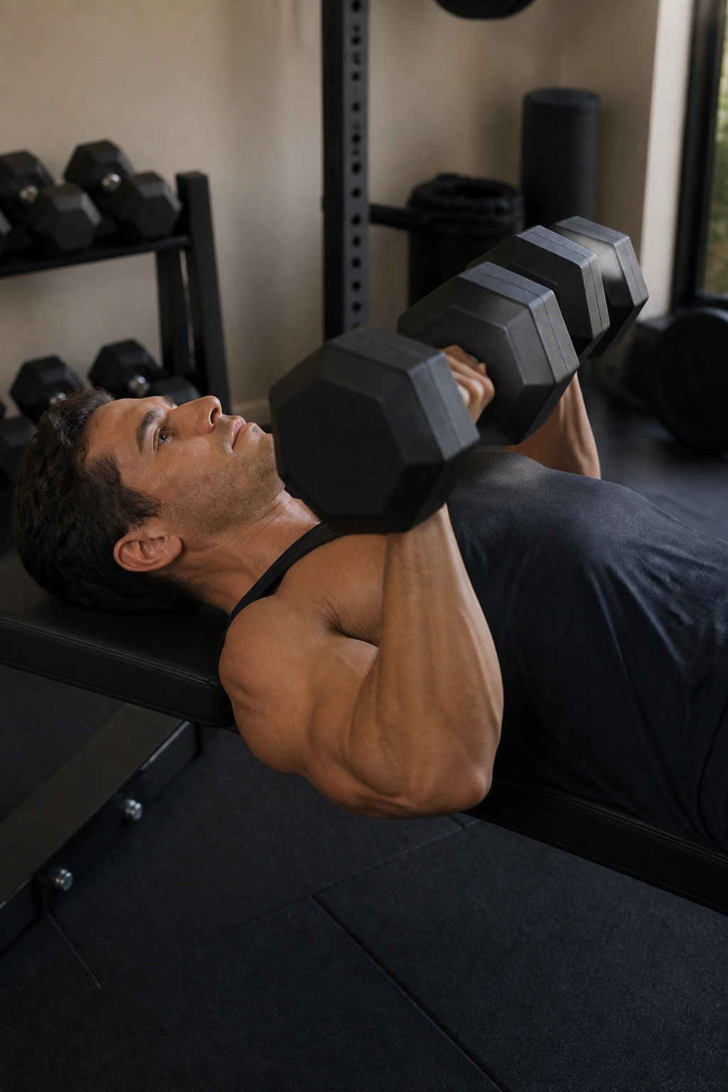 Real person performing a dumbbell floor press in a compact home gym