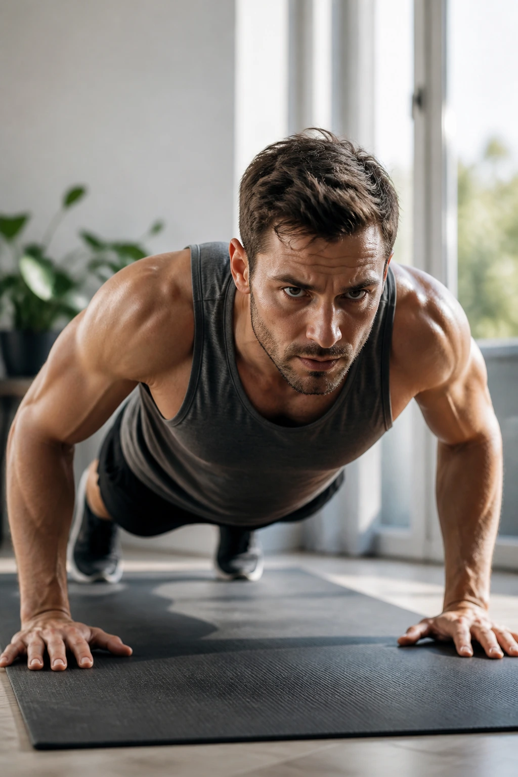 Medium close-up of a person performing a push-up in a home workout space