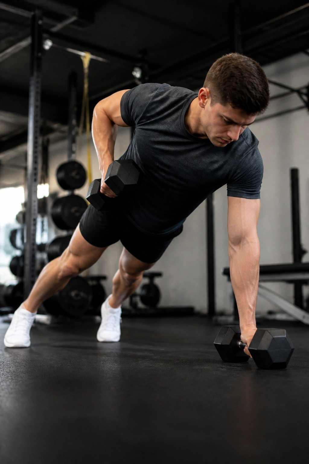 Person performing a row as part of a push-pull density ladder in a gym