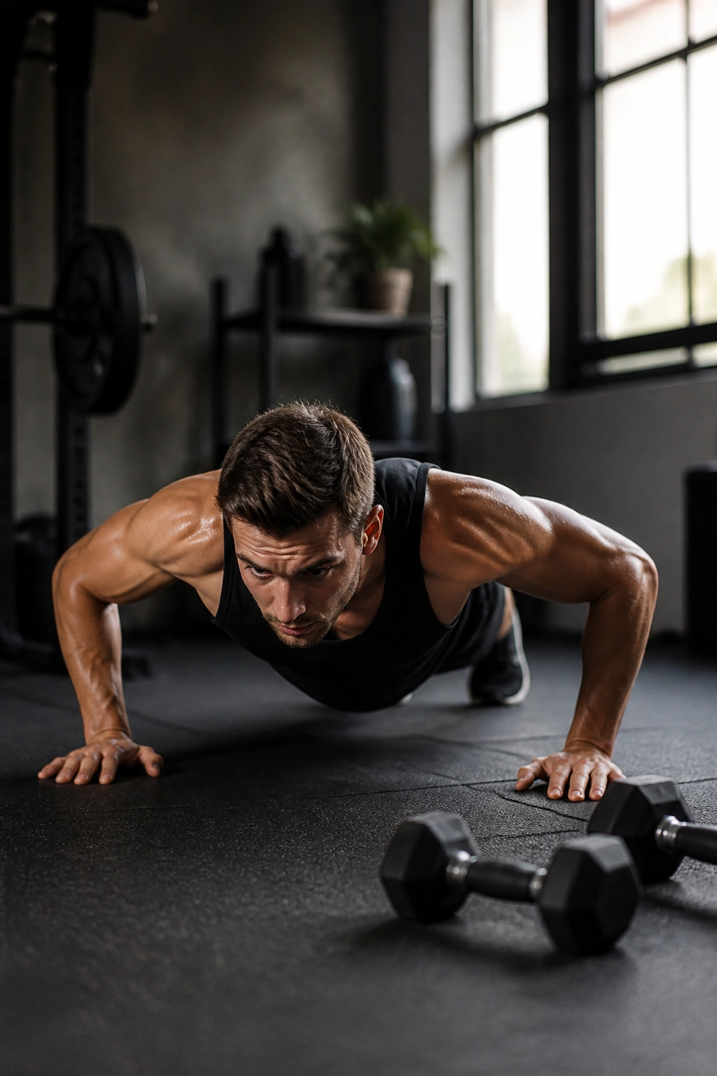 Athlete performing a push-up in a compact gym during a push-pull ladder.