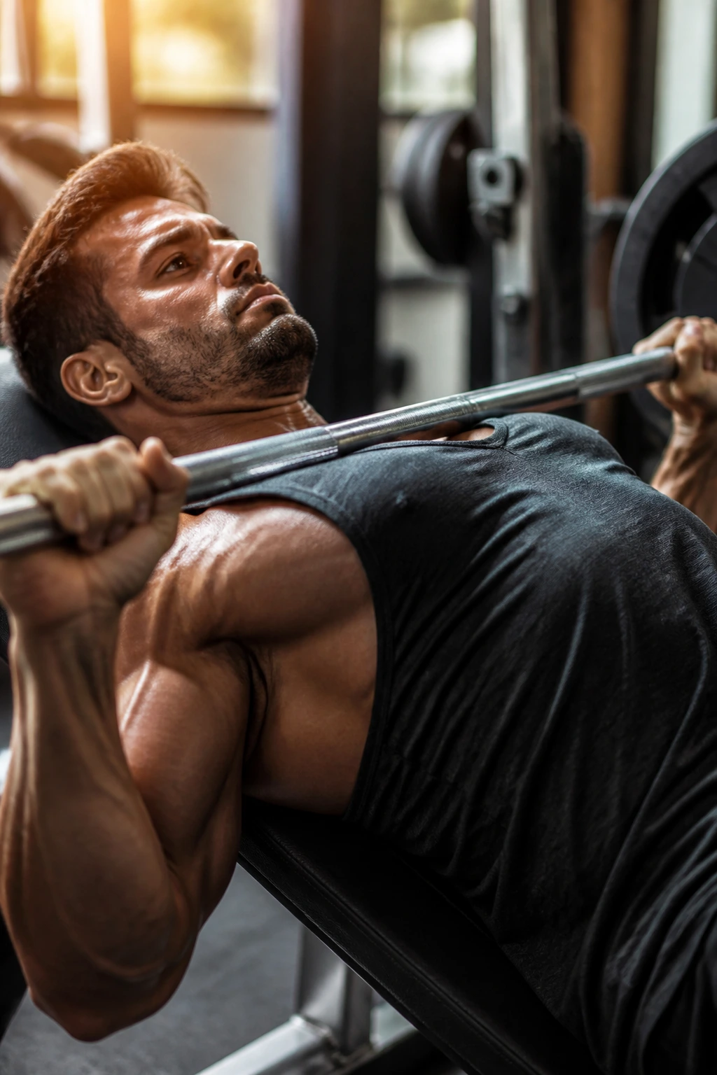Close-up of a lifter bench pressing in a gym with warm window light