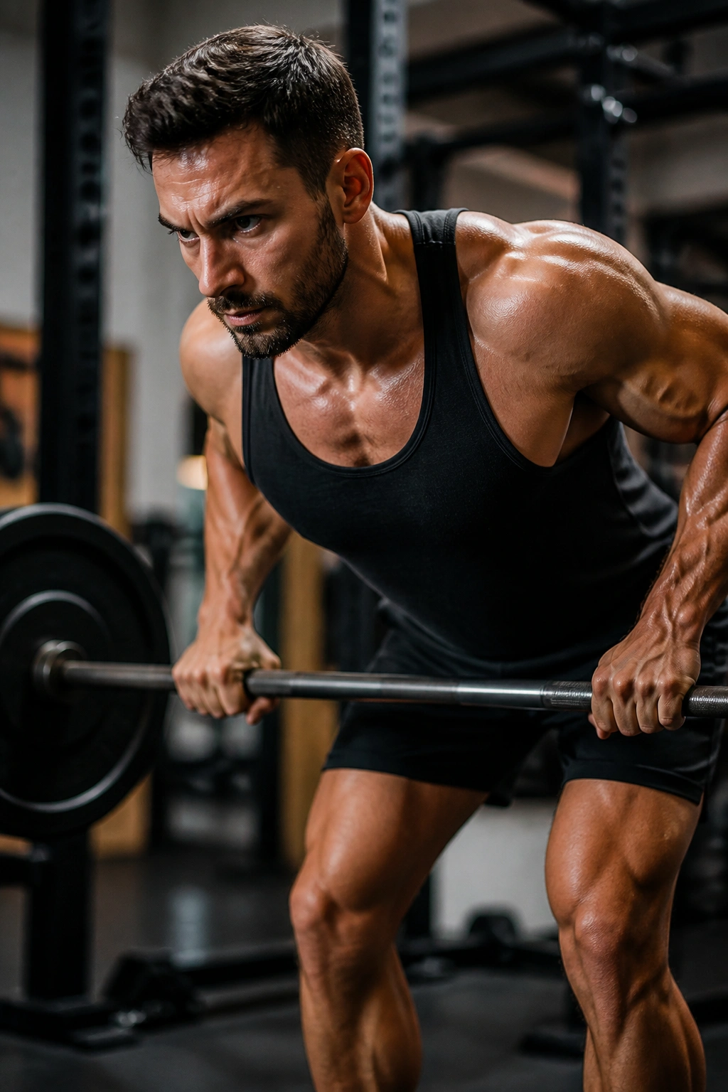 Portrait of lifter performing a barbell row in a gym