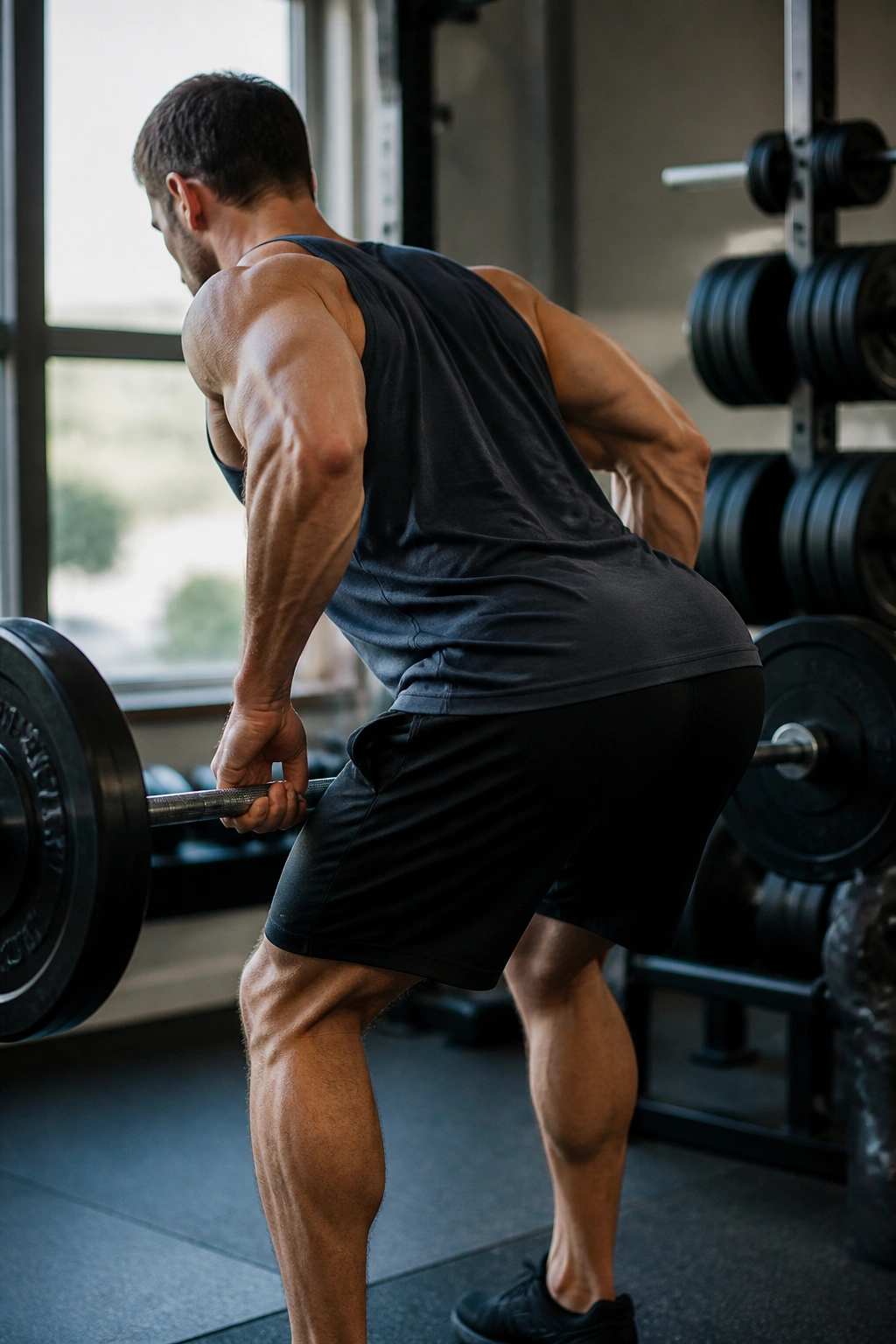Person performing barbell row with focused back engagement