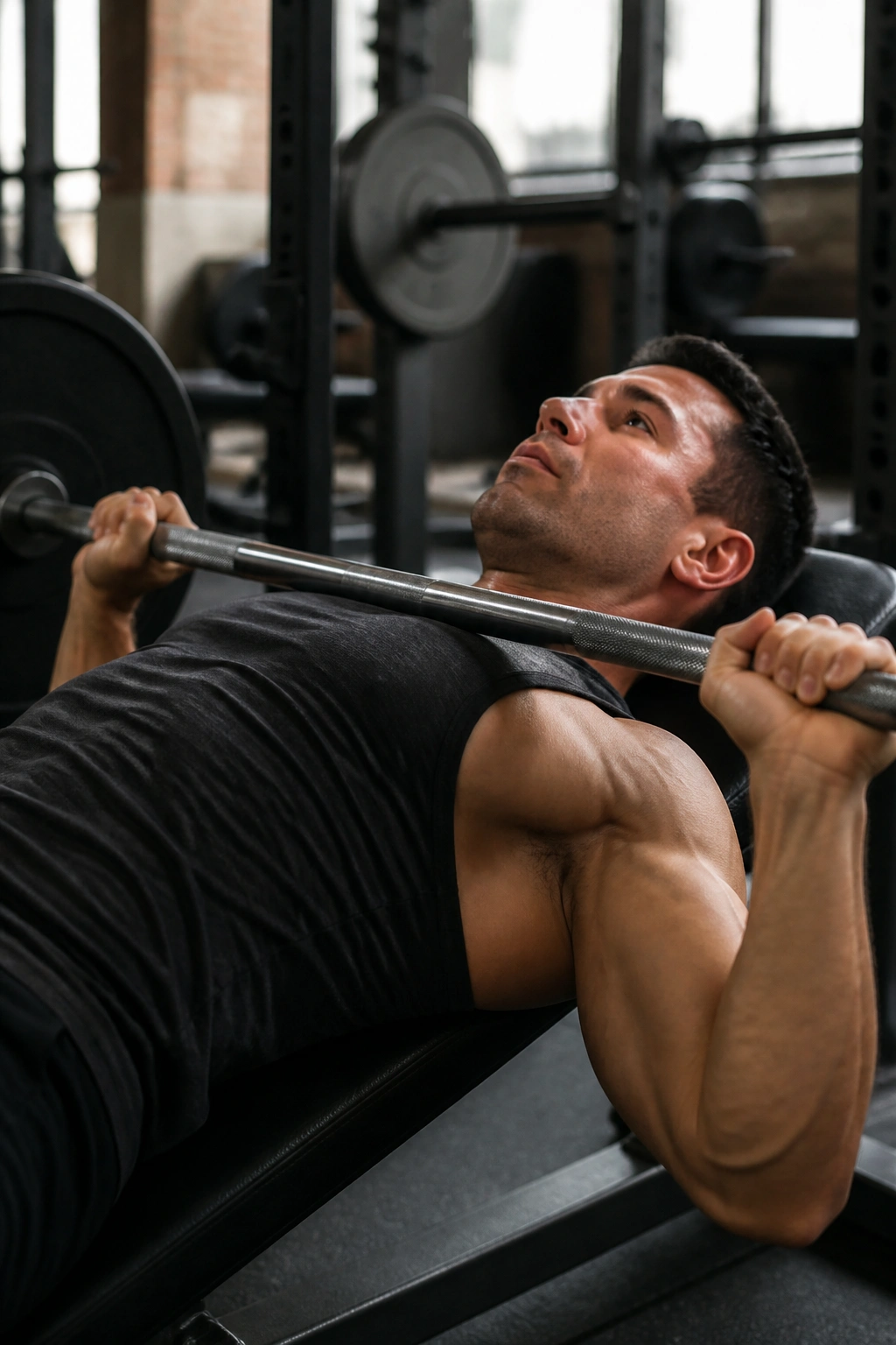 Real person performing bench press as part of push-pull-legs gym plan