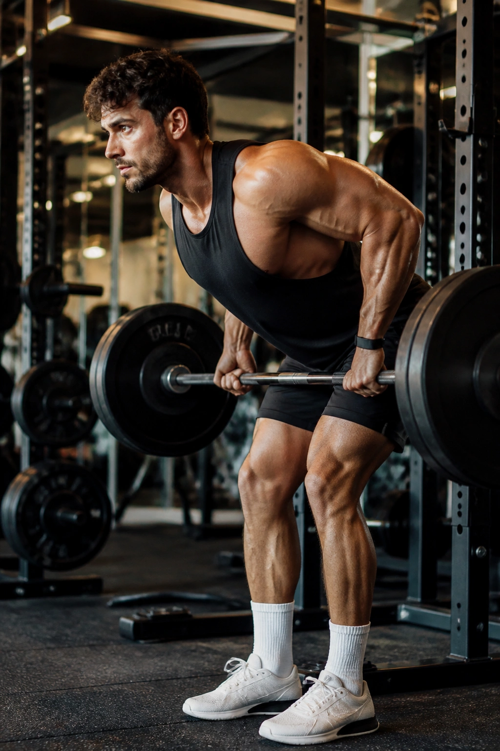 Lifter performing a barbell row in gym highlighting back and arms
