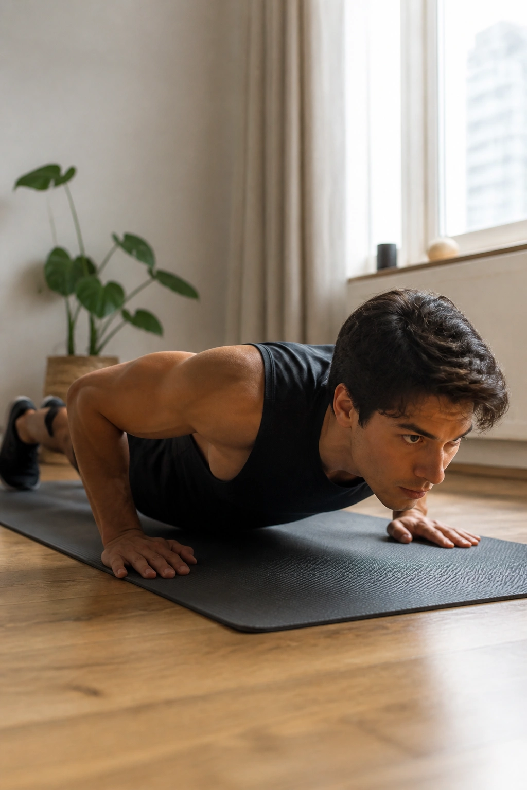 Medium close-up of a real person performing a push-up on a mat in a bright room