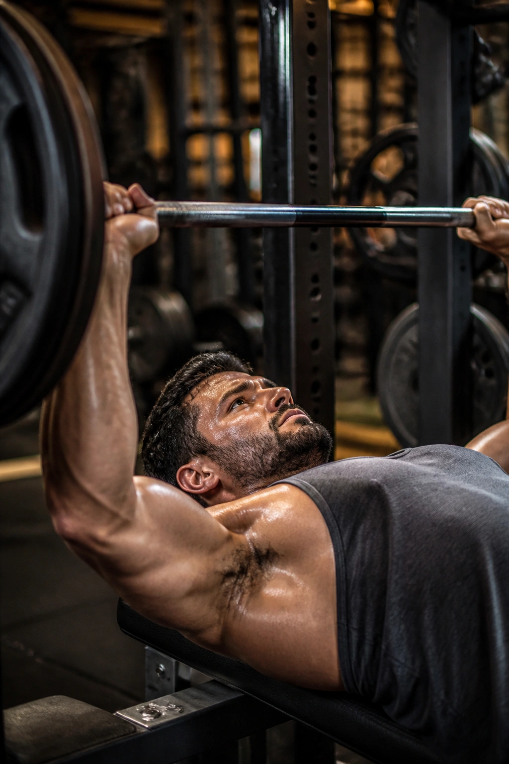 Medium close-up of a person bench pressing in a gym for hypertrophy plan