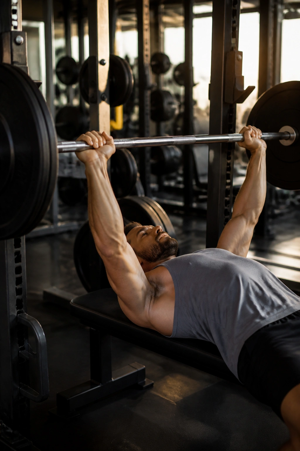 Medium close-up of a lifter bench pressing to illustrate Push-Pull-Legs Rotation.