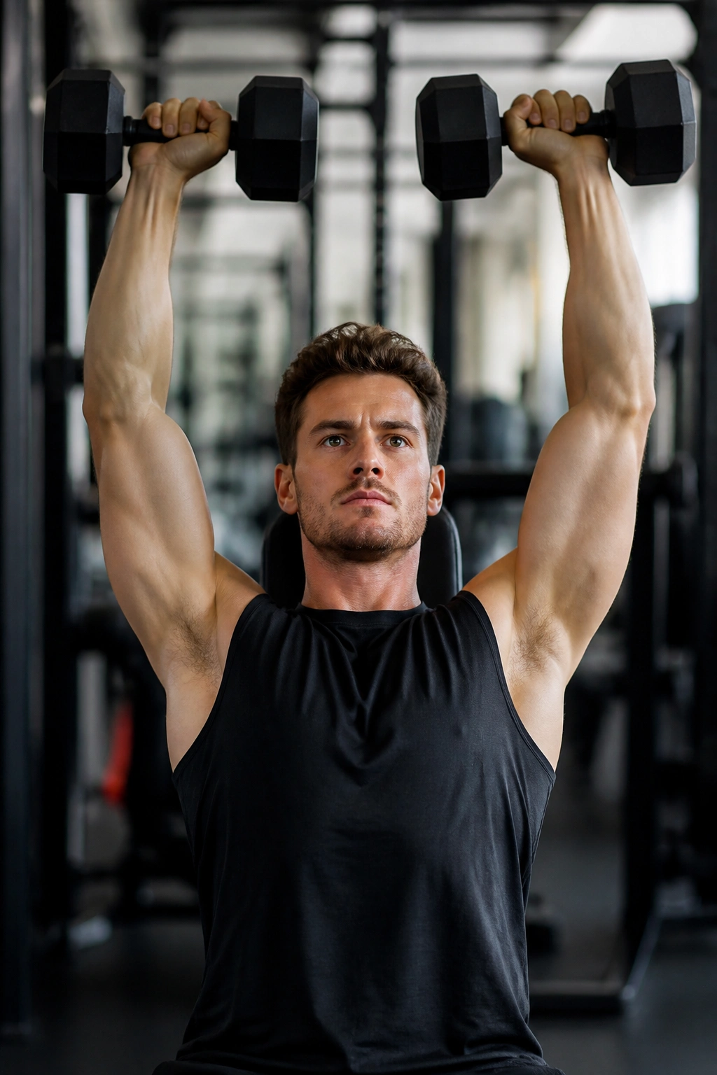 Person performing dumbbell shoulder press in gym as part of push day