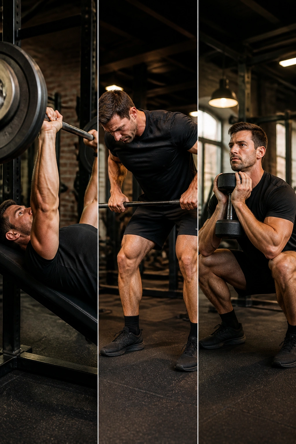 Triptych showing bench press, row, and goblet squat performed by a lifter