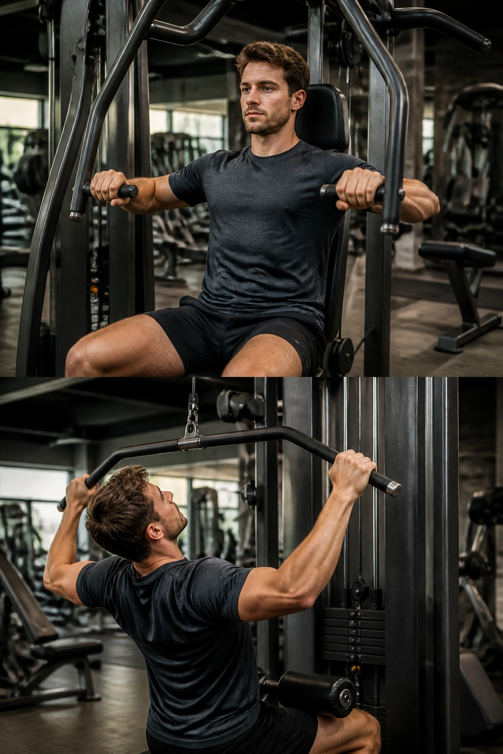 Person using push-pull machine performing chest press and lat pulldown