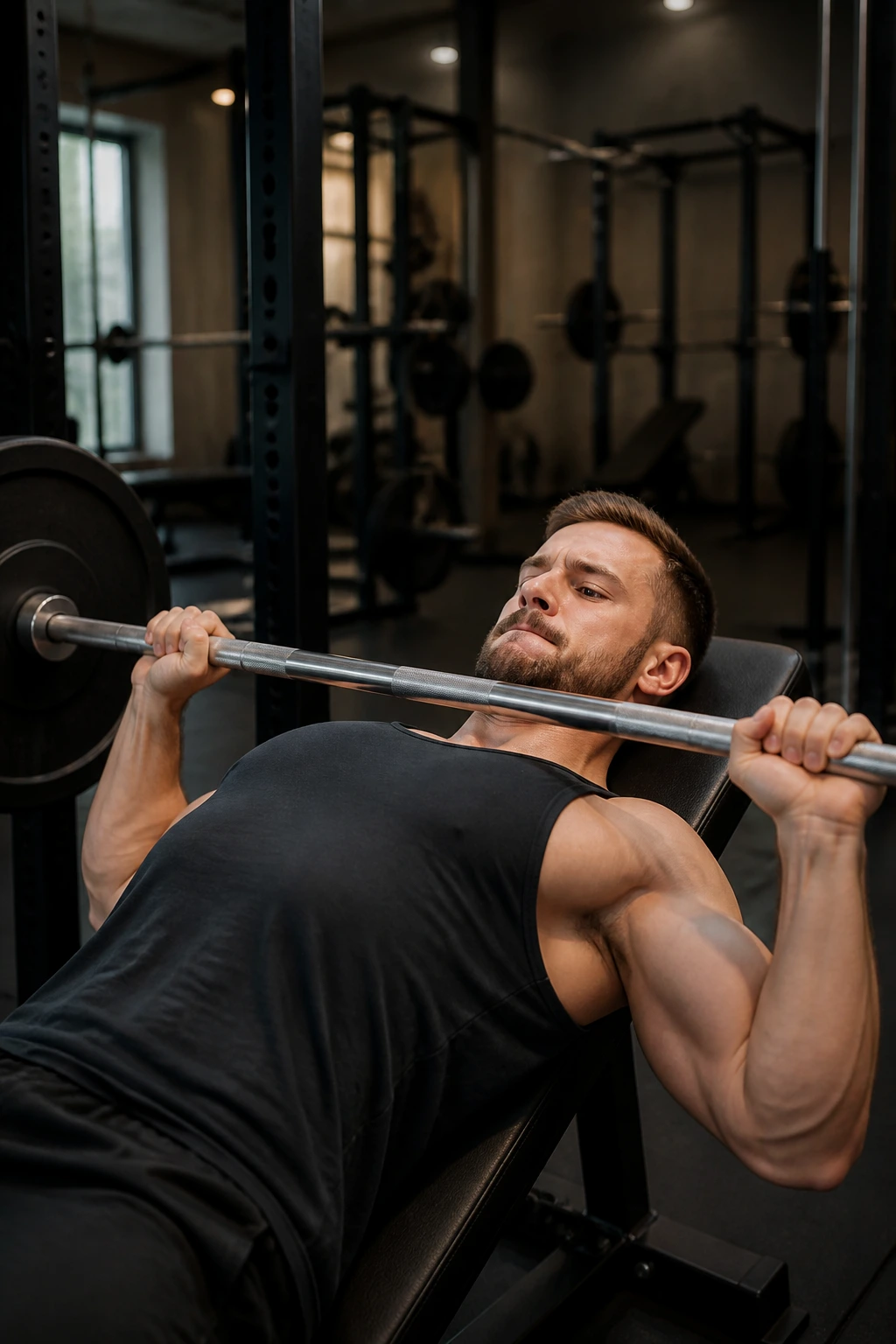 Person bench-pressing in gym to illustrate push-pull pyramid split.