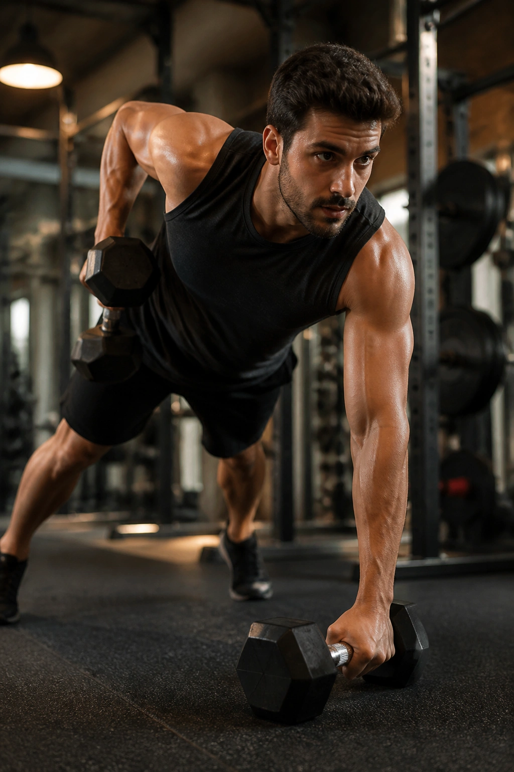 Medium-close portrait of a fit person performing a renegade row in a gym to illustrate the upper-body push-pull day