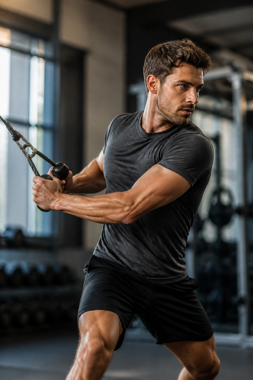 Portrait of a fit person performing a push-pull-rotation drill in a gym