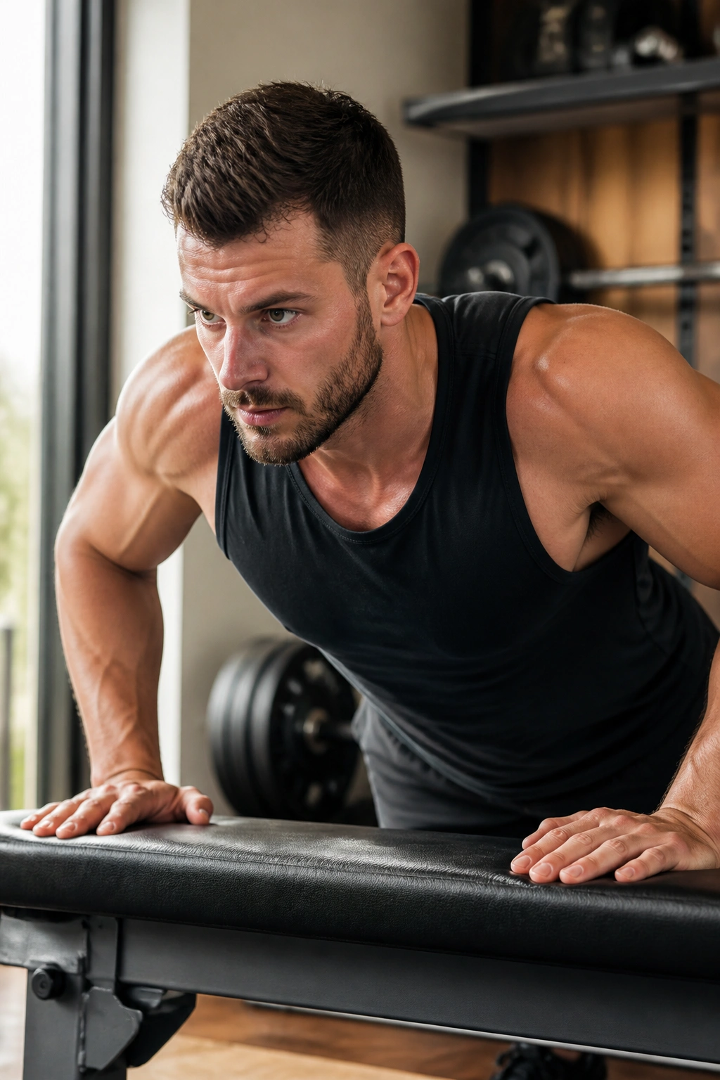 Medium close-up of a person performing incline push-up on a bench in a home gym