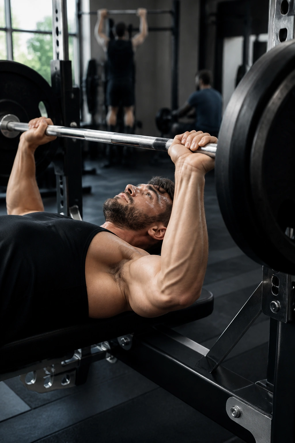 Lifter bench-pressing in gym with pull-up and row equipment visible in background