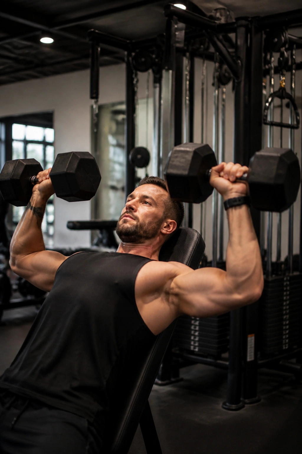 Athlete performing incline dumbbell press in gym