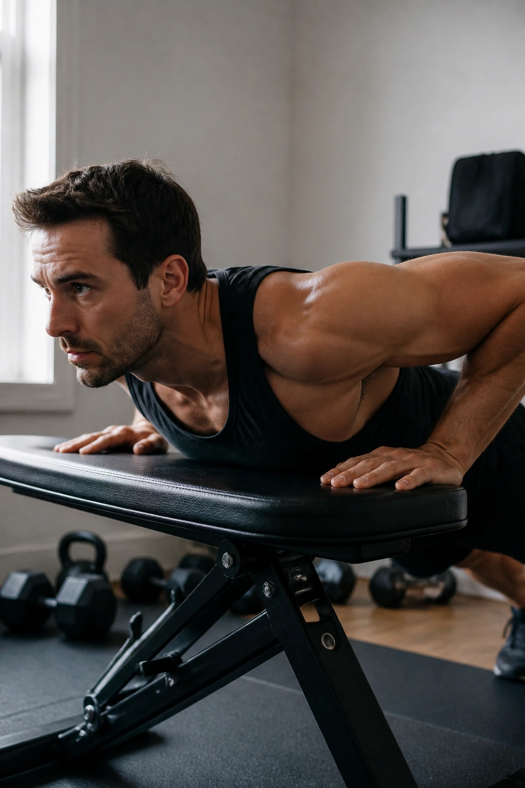 Person performing incline push-up in a small home gym focusing on chest and shoulders