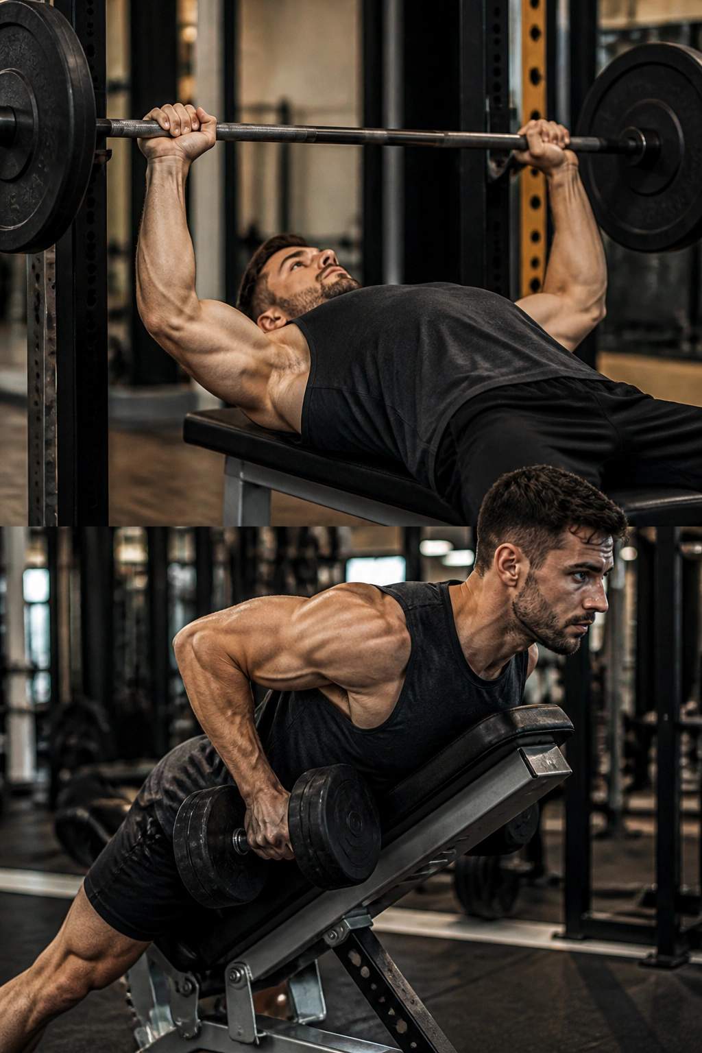 Lifter in a gym performing push-pull supersets with bench press and row in a tight frame