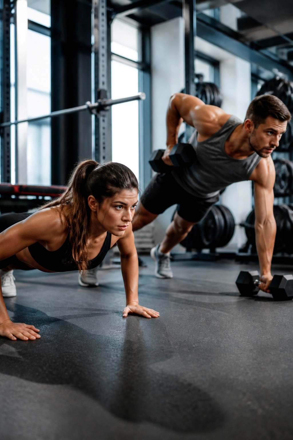 Two people performing push-ups and dumbbell rows in a push-pull setup