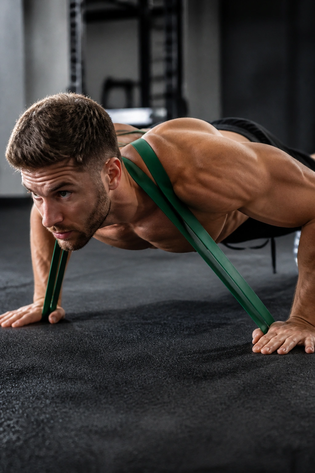 Close-up of chest and arms during band-assisted push-up