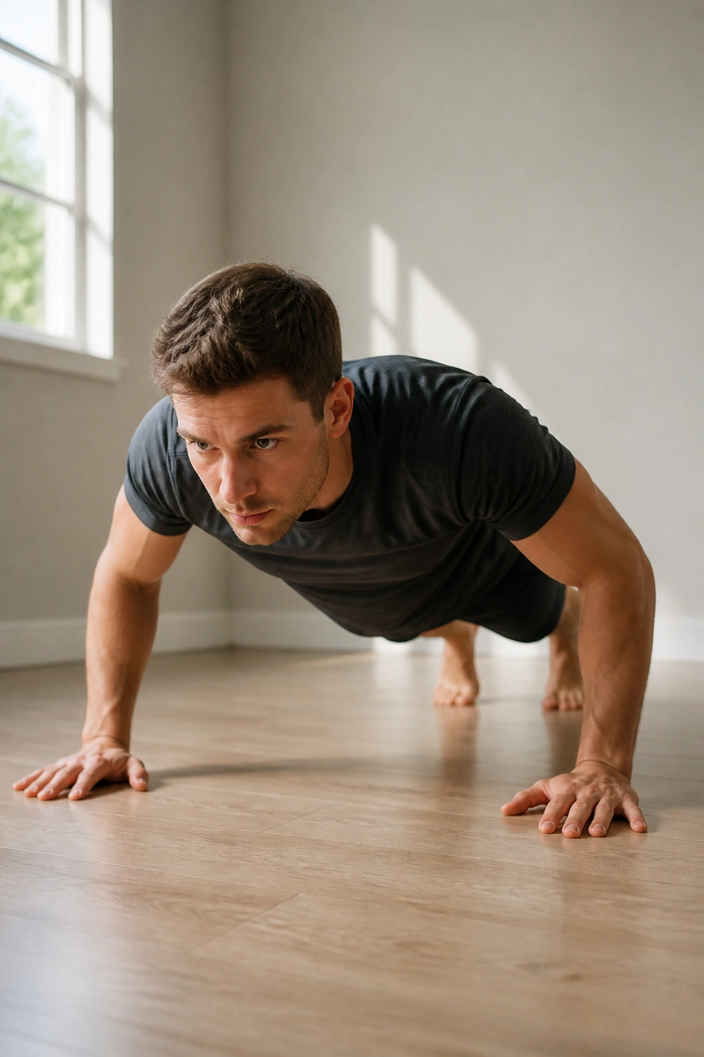 Person doing push-ups in a minimalist home space