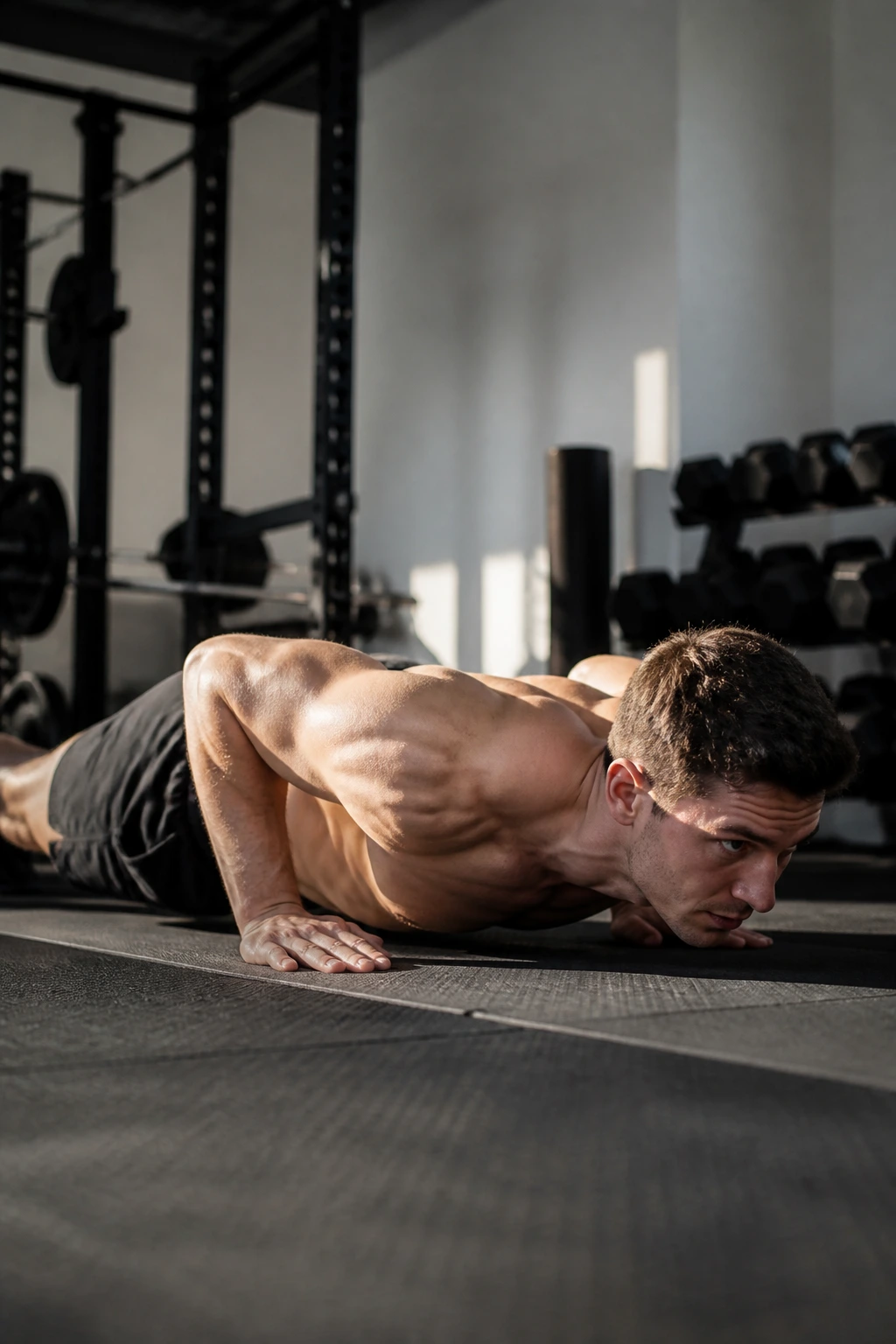 Person in bottom push-up hold highlighting chest and shoulder engagement.