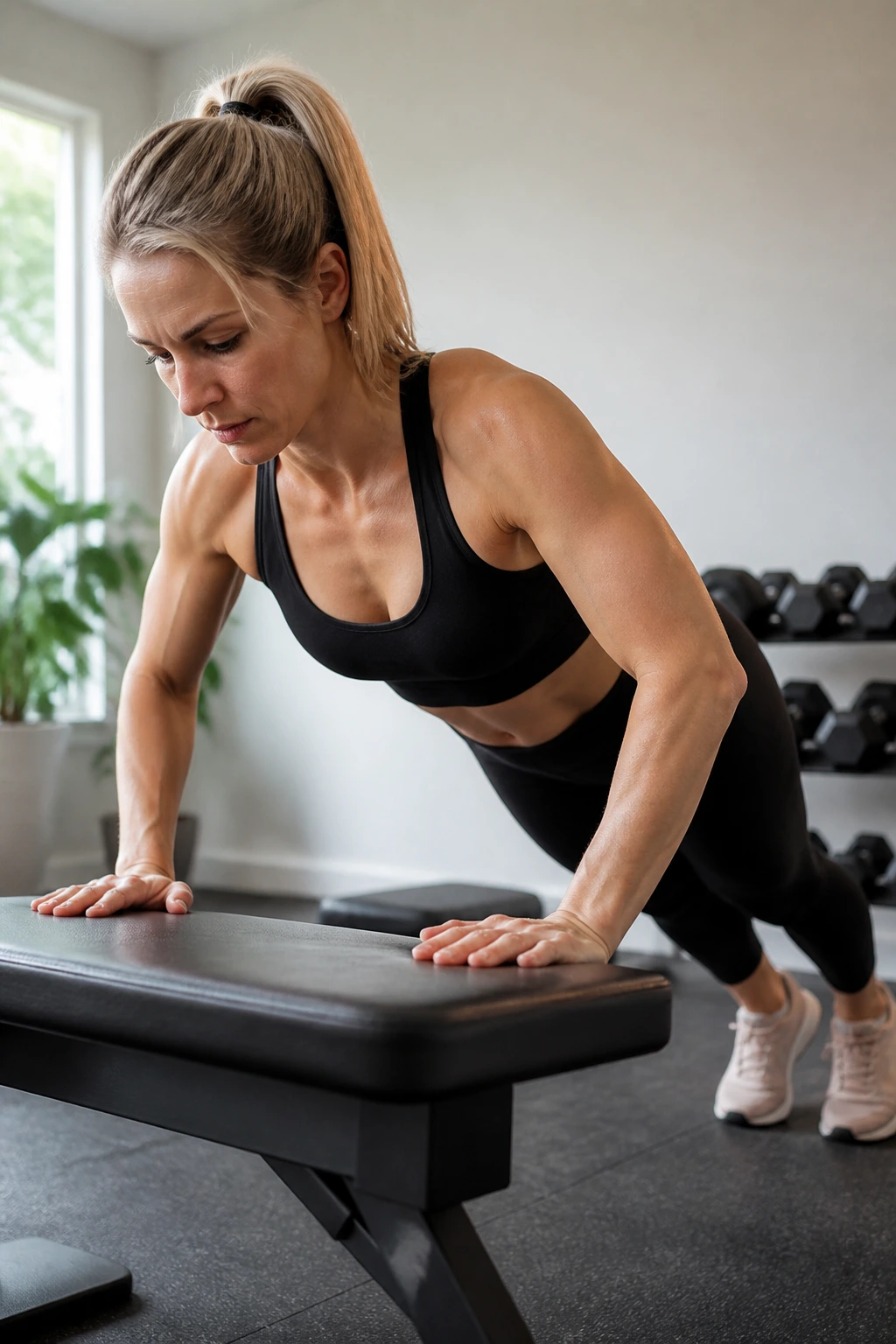 Push-up builder - person doing incline push-ups on a bench in a bright home gym
