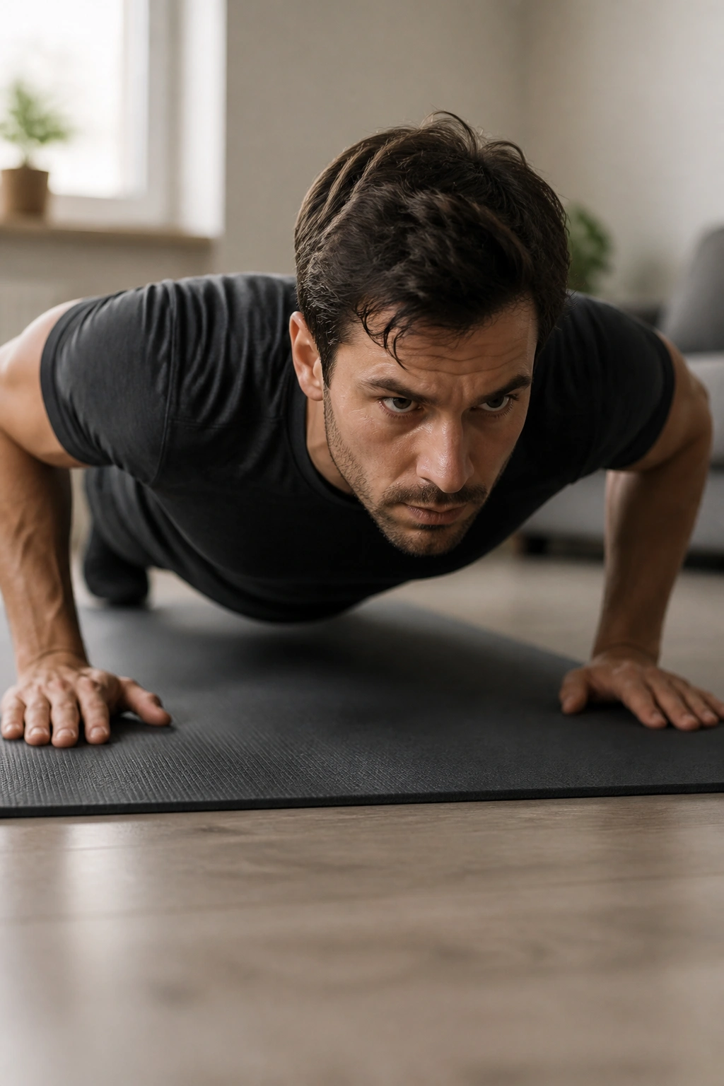Person performing push-ups in a minimal home space