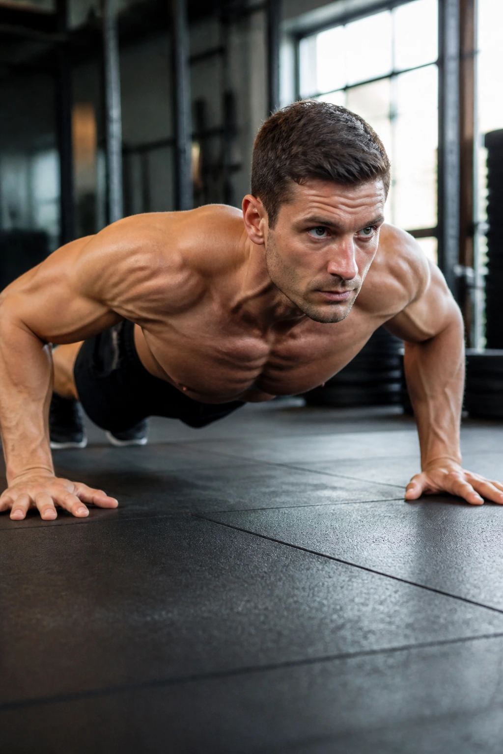 Athlete mid push-up in gym for density workout
