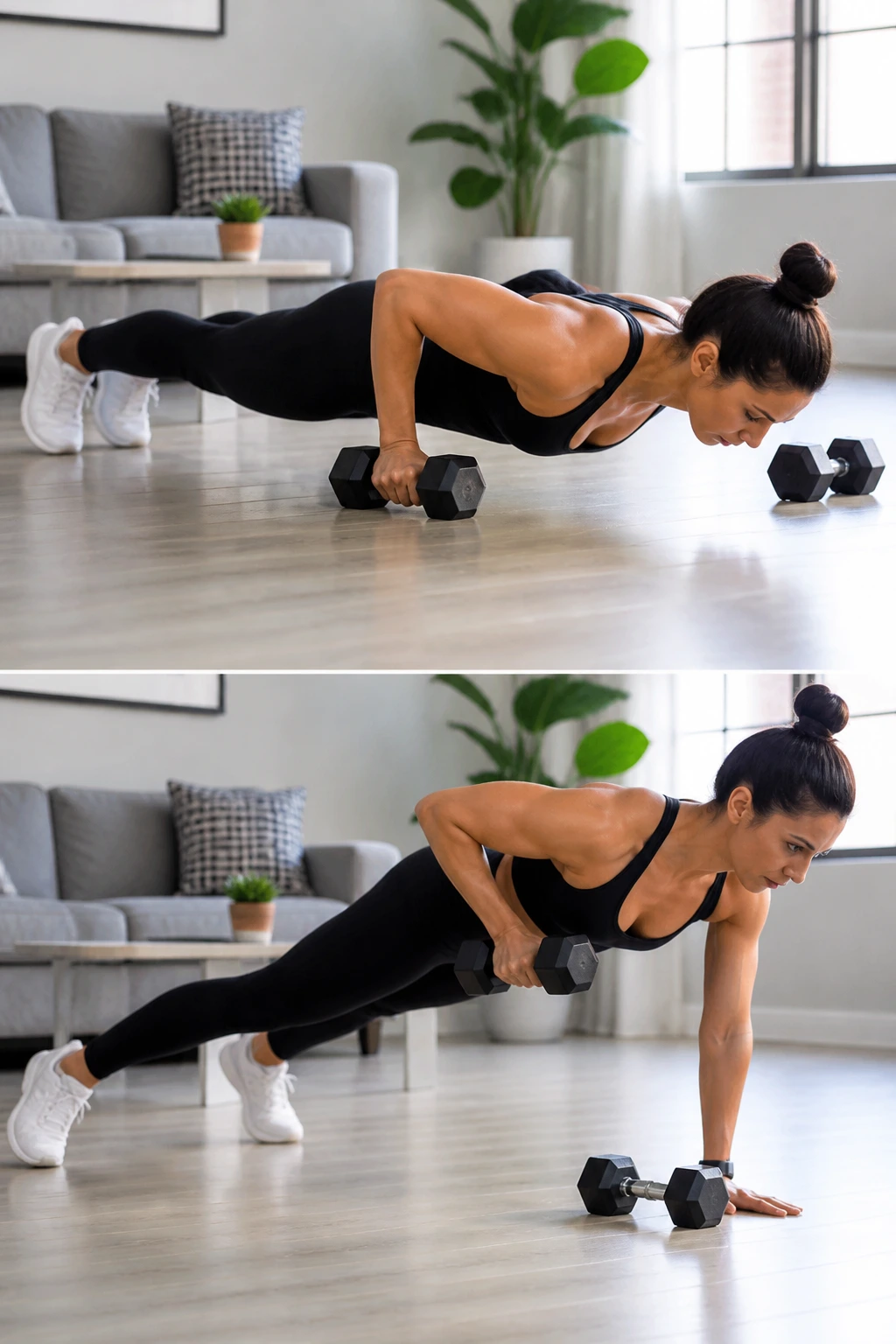 Side-profile push-up plus dumbbell drag with dumbbells on floor