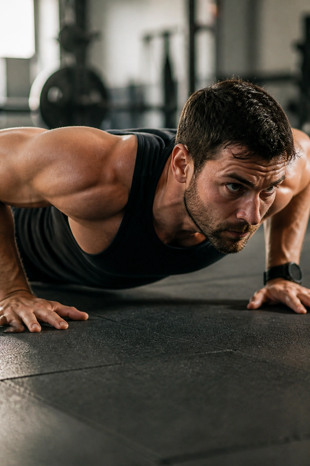 Person performing push-up during an EMOM-style workout in a gym