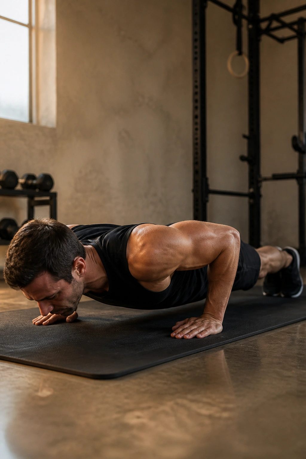 Real person performing a push-up on a mat with a straight body line