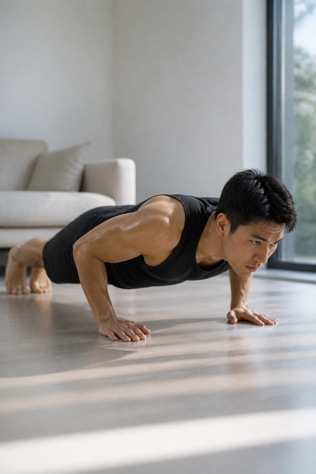 Mid-shot of a person performing a proper push-up on the floor.