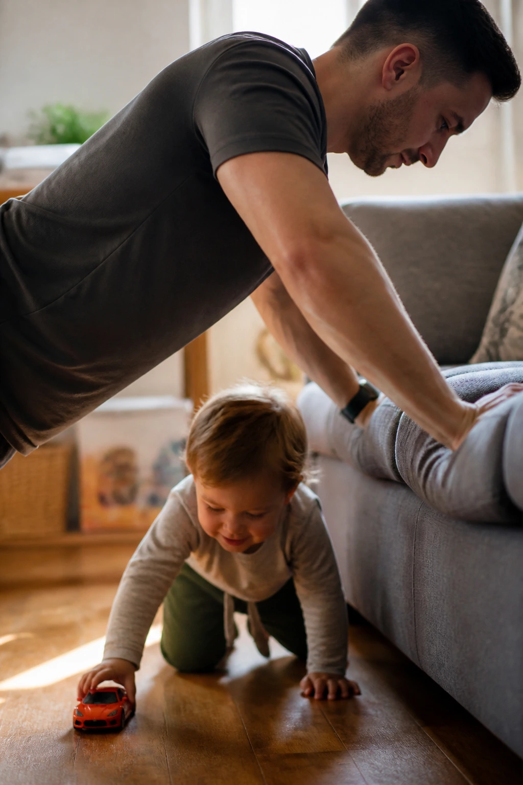 Close-up of incline push-ups with a toddler near the elbows in a cozy living room