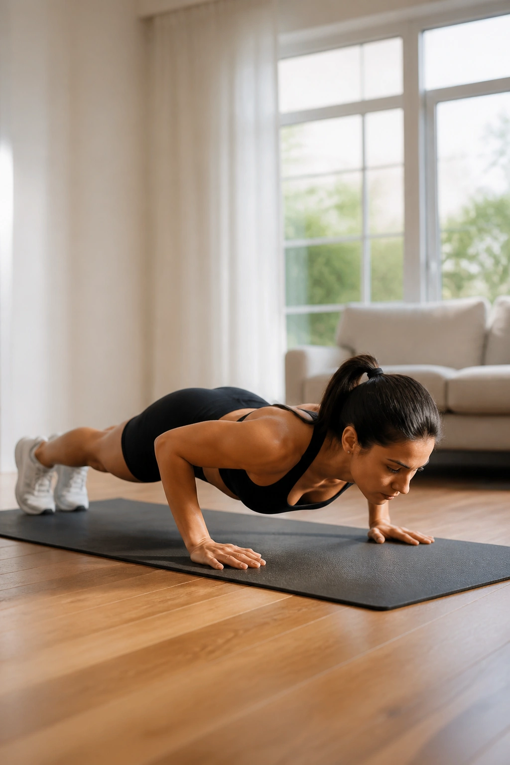 Real person performing push-up on floor on yoga mat