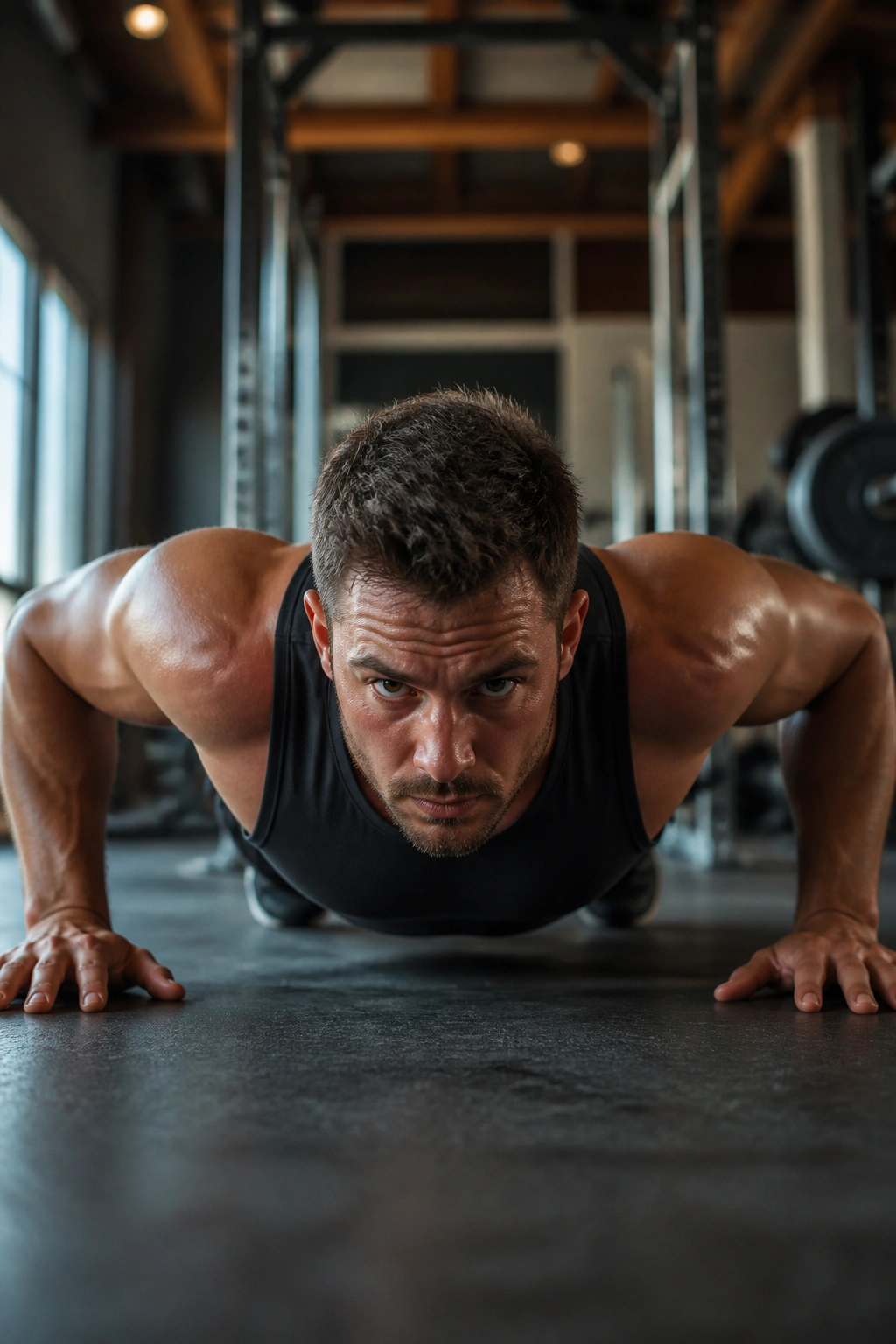 Real person performing a push-up on a gym floor