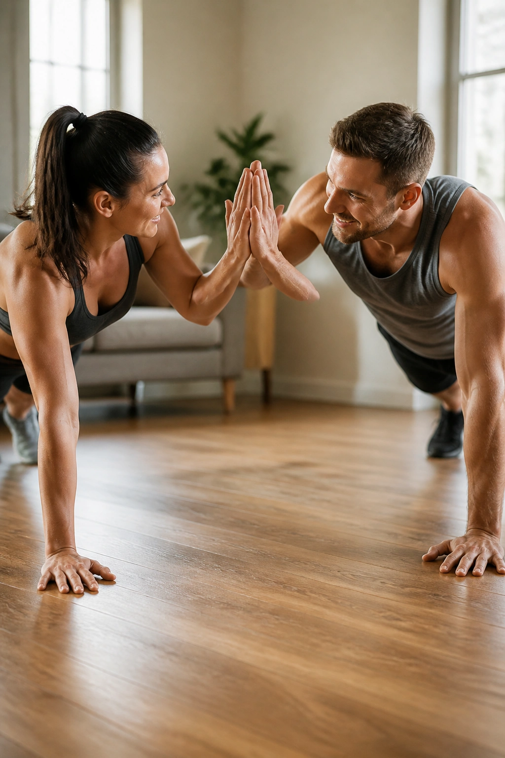 Two adults performing push-ups with a high-five at the top on a wooden living room floor.