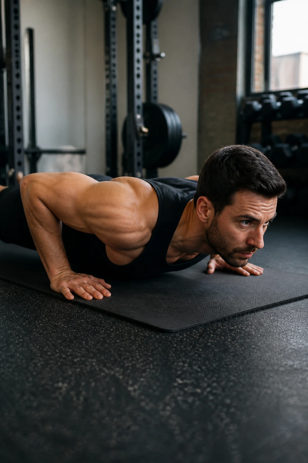 Person in bottom push-up hold showing proper elbow angle and shoulder position on mat.