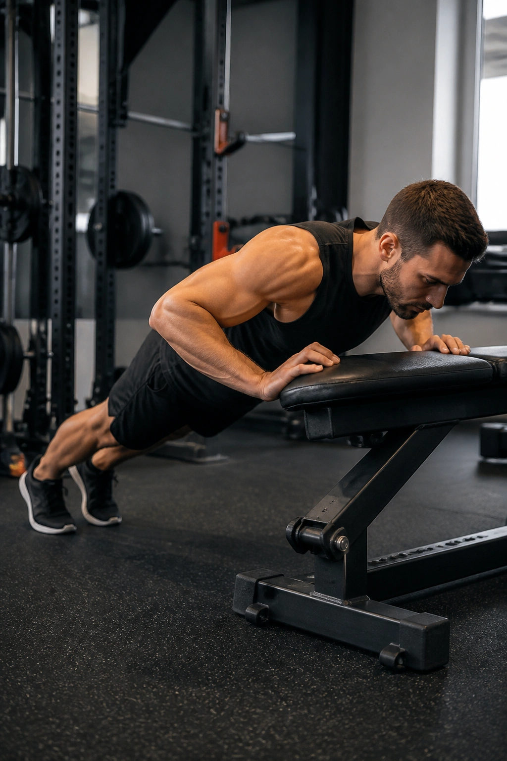 Person performing incline push-up on bench in gym