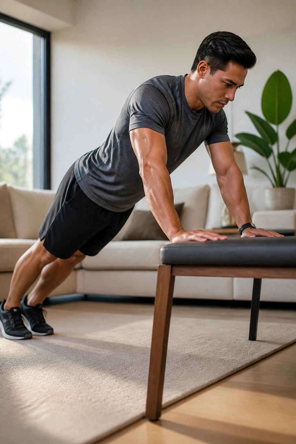 Real person performing incline push-ups on a bench for Push-Up Progression Challenge