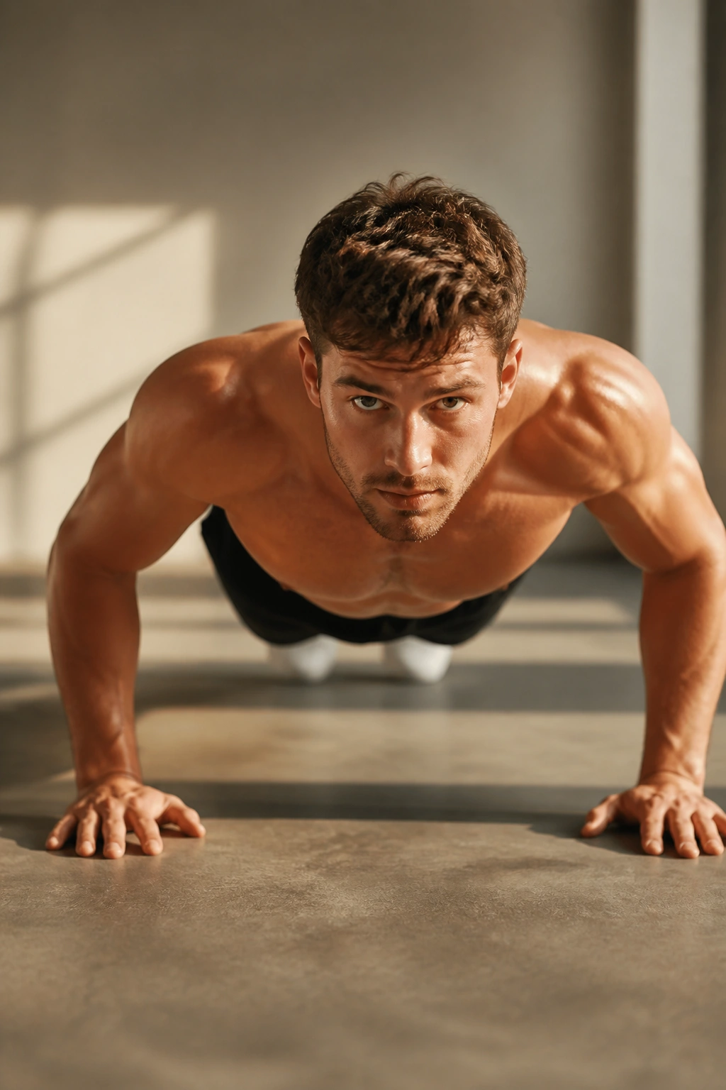 Close-up of a person performing a push-up in a home gym