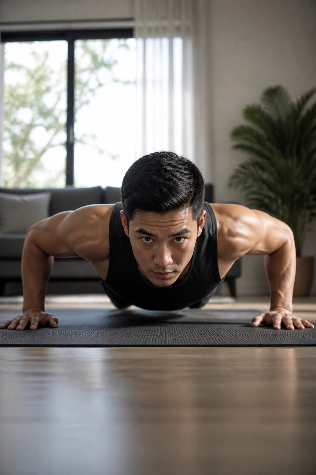 Medium close-up of a person performing a push-up on a mat in a cozy living room