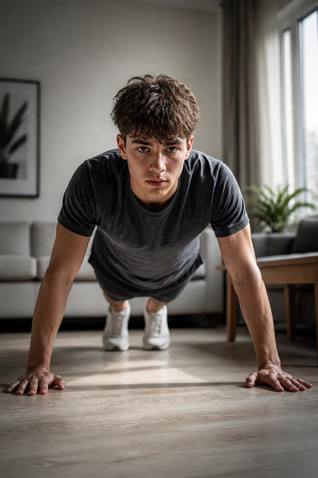 Teen in push-up position focusing on form