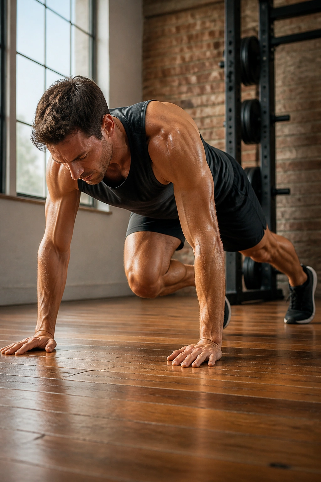 Real person transitioning from incline push-up to mountain climber with engaged core