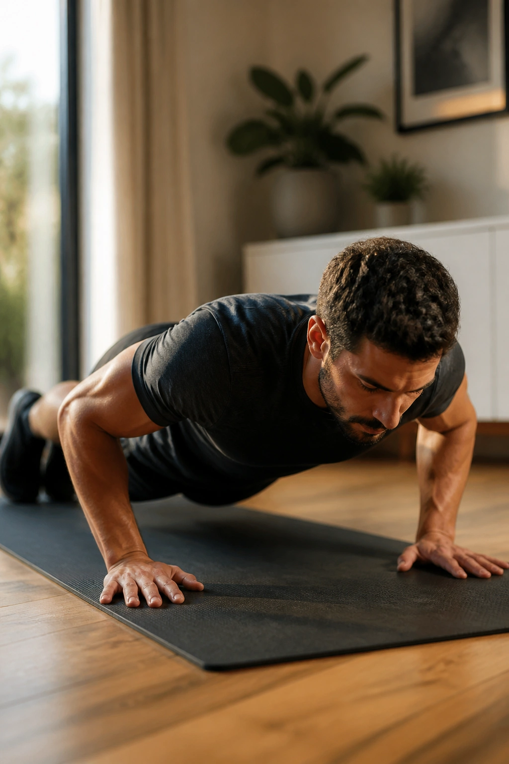 Medium-close view of a person performing a push-up on a mat at home.
