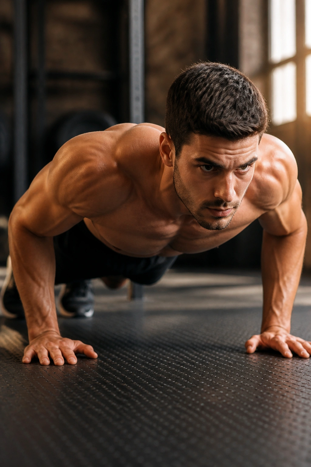 Close-up of a fit athlete performing a push-up with elbows at 45 degrees on a gym mat.